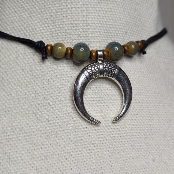 Etched Crescent Moon Silver Charm Blue Green Ceramic Bead Boho Choker Necklace - Picture 2 of 3